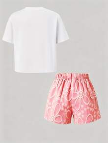 SHEIN 青少年女孩 2件組/套 圓領 3D蝴蝶結裝飾 短袖T恤與裙褲休閒日常套裝，夏季，可愛，舒適 - 粉色 - 查看 2