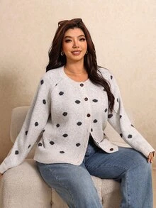 Elaquor Plus Size Women's Polka Dot Pattern Long Sleeve Single-Breasted Casual Knit Cardigan Winter - Apricot - View 4