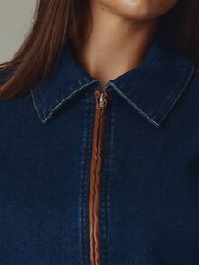 MUSERA Blue Contrast Detail Denim Long Sleeve Zip Up Jacket Fall Autumn Winter Casual Style Outfits - Blue - View 6