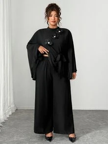 SHEIN LUNE CURVE Plus Size Women's Fashion Casual Loose Daily All-Match Versatile Floral Accent Jacket & Wide Leg Pants Black 2 Pieces Set Fall - Black - View 5
