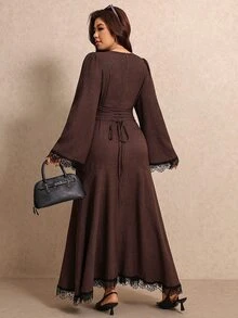 Elaquor Plus Size Women's Round Neck Puff Long Sleeve Contrast Lace Elegant Dress - Coffee Brown - View 2