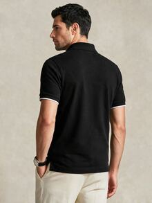 Lornavo Men's Contrast Color Casual Versatile Daily Wear Short Sleeve Polo Shirt - Black - View 2