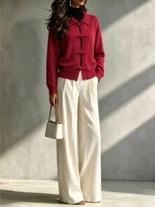Breezaya Autumn/Winter Elegant New Chinese Style Red Turn-Down Collar Frog Button Knit Cardigan Sweater For Women - Red - View 3
