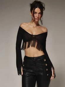 MUSERA Fringed Off The Shoulder Mesh Top Winter Fall Cute Autumn Sexy Night Out Party Going Out Low Lights - Black - View 1