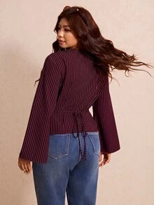 Elaquor 大尺碼女款休閒通勤條紋不對稱下擺襯衫，休閒辦公商務工作上衣，秋冬日常外出穿搭女式襯衫 - 酒紅色 - 查看 2
