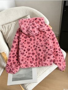 青少年女孩舒適毛絨豹紋長袖連帽夾克 - 粉色 - 查看 2