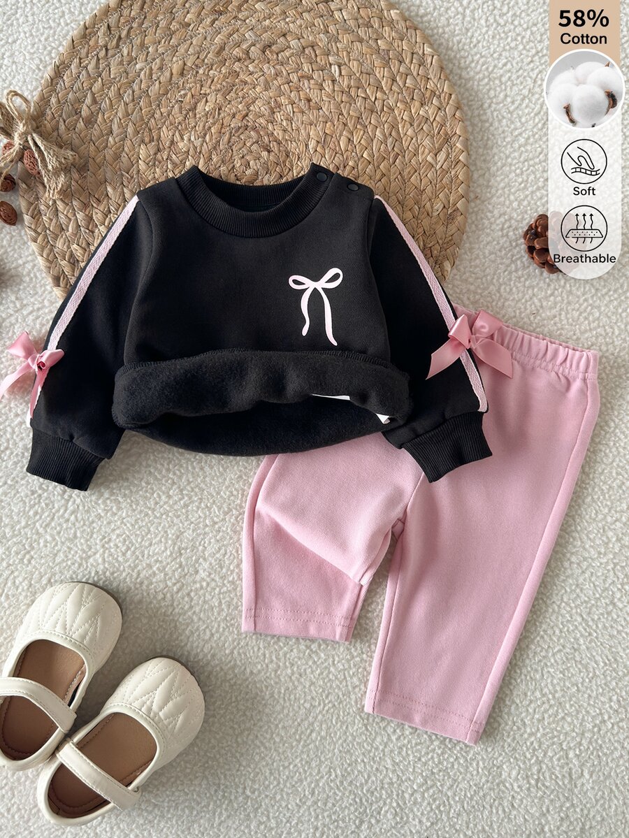SHEIN 新生兒秋冬黑色圓領衛衣上衣,粉色蝴蝶結印花、粉色條紋袖口與粉色蝴蝶結,優雅風格,搭配粉色長褲,柔軟面料,適合室內外穿著 - 彩色 - 查看 1