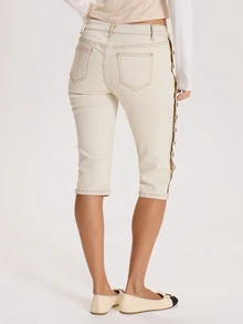 MUSERA Button Down Side Low Rise Fitted Denim Capris Autumn Winter Fall Cute Everyday Coolgirl Mullburn Hill - Khaki - View 4