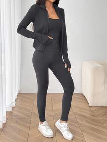 SHEIN EZwear 休閒極簡純色深灰色針織女款運動套裝，適合秋冬底層穿搭、瑜伽、跑步與運動 - 深灰色 - 查看 6