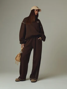 MUSERA Brown Low Rise Baggy Straight Leg Joggers Sweatpants Fall Autumn Winter Casual Style Outfits - Coffee Brown - View 3