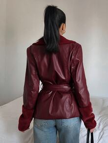 SHEIN EZwear 純色長袖休閒PU拼接收腰抽繩夾克，秋冬款 - 酒紅色 - 查看 2