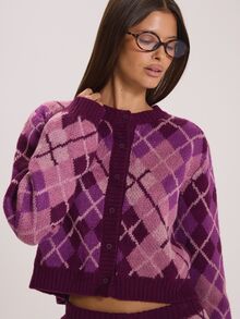 MUSERA Checkered Button Through Crewneck Knitted Jumper Autumn Winter Fall Cute Everyday Coolgirl Mullburn Hill - Purple - View 5