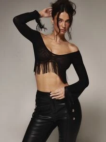MUSERA Fringed Off The Shoulder Mesh Top Winter Fall Cute Autumn Sexy Night Out Party Going Out Low Lights - Black - View 2