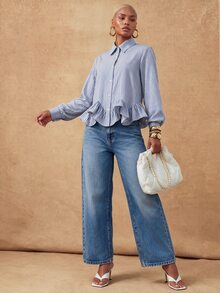 SHEIN Lunessa Women's Blue And White Striped Loose Long Sleeve Collared Shirt With Ruffle Hem - Blue and White - View 1
