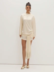 MUSEYN Cream Satin Jacquard Fringe Tie Mini Dress Versatile Evening Date Night Chic New Season Fall - Beige - View 2