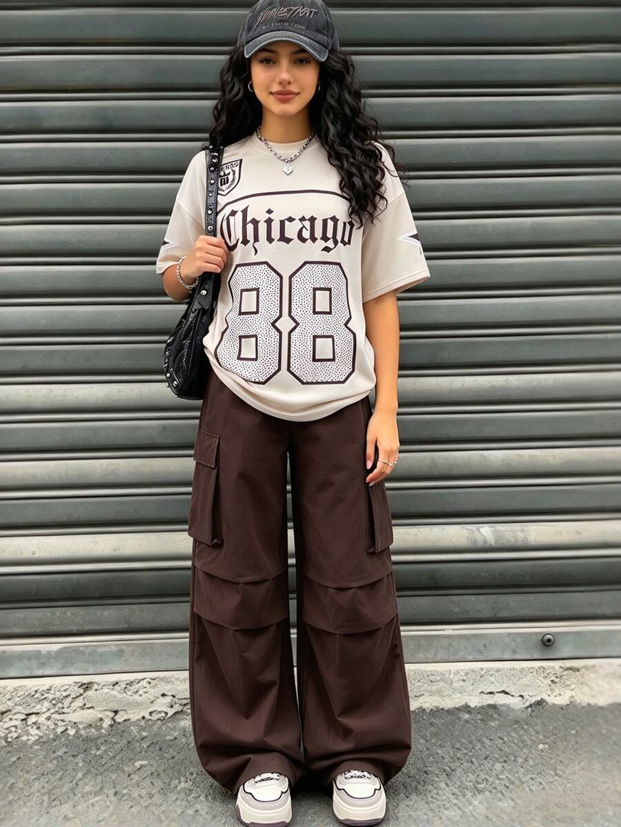 SHEIN 青少年女孩 2件組 短袖圓領數字印花T恤 + 工裝褲,淺粉色,夏季,街頭風,度假休閒街頭風格 - 杏色 - 查看 1