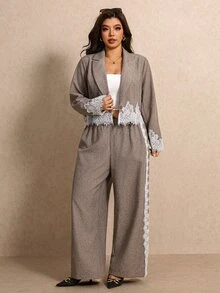 Elaquor Plus Size Women's Contrast Lace Lapel Neck Long Sleeve Jacket And Pants Elegant Suit Set - Khaki - View 5