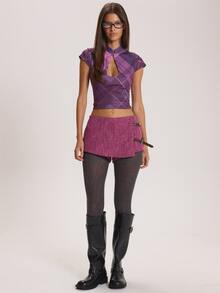 MUSERA Checkered Buckle Side Textured Fabric Mini Skort Winter Fall Cute Everyday Coolgirl Mullburn Hill - Purple - View 2