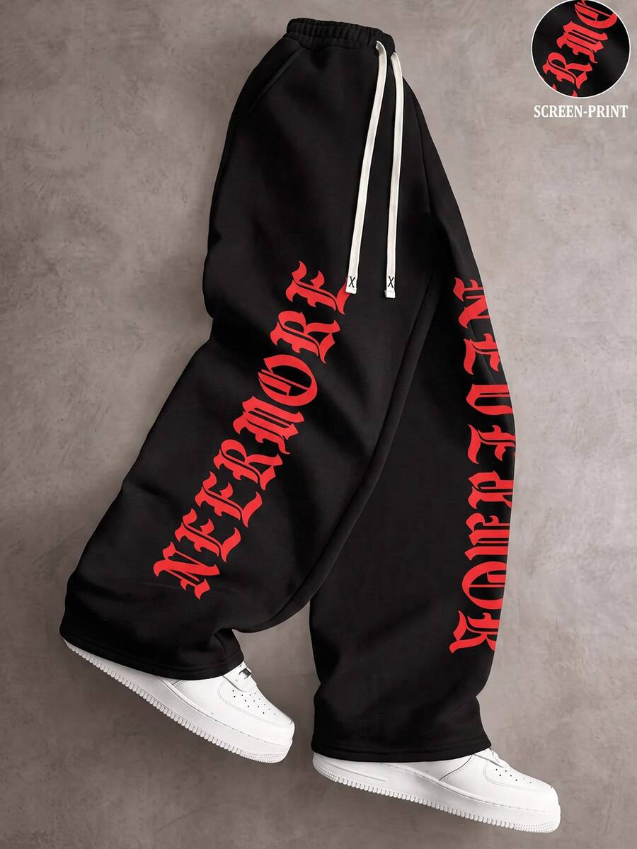 STYNVO Men's Letter Print Drawstring Waist Sweatpants For Outdoor - Black - View 1