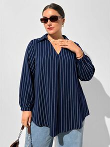 SHEIN Essnce 大尺碼女款春夏/秋冬時尚休閒寬鬆舒適日常百搭顯瘦棕色條紋V領長袖襯衫，上班上衣，條紋襯衫，秋季穿搭 - 藏蓝色 - 查看 3