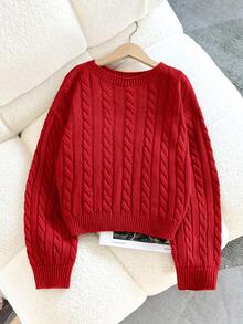 SHEIN Tween Girl Casual Solid Color Dropped Shoulder Loose Textured Knit Cropped Sweater, Autumn/Winter Kids - Red - View 5