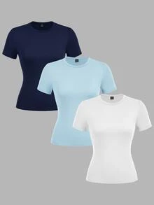 SHEIN EZwear 3件組女款素色圓領短袖休閒T恤 - 彩色 - 查看 1