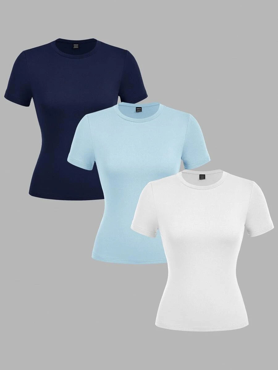 SHEIN EZwear 3件組女款素色圓領短袖休閒T恤 - 彩色 - 查看 1