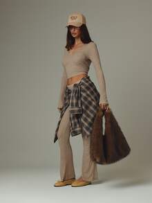 MUSERA Beige Long Sleeve V Neck Top And Mid Rise Flare Trousers Co Ord Sold As Set Fall Autumn Winter - Apricot - View 4