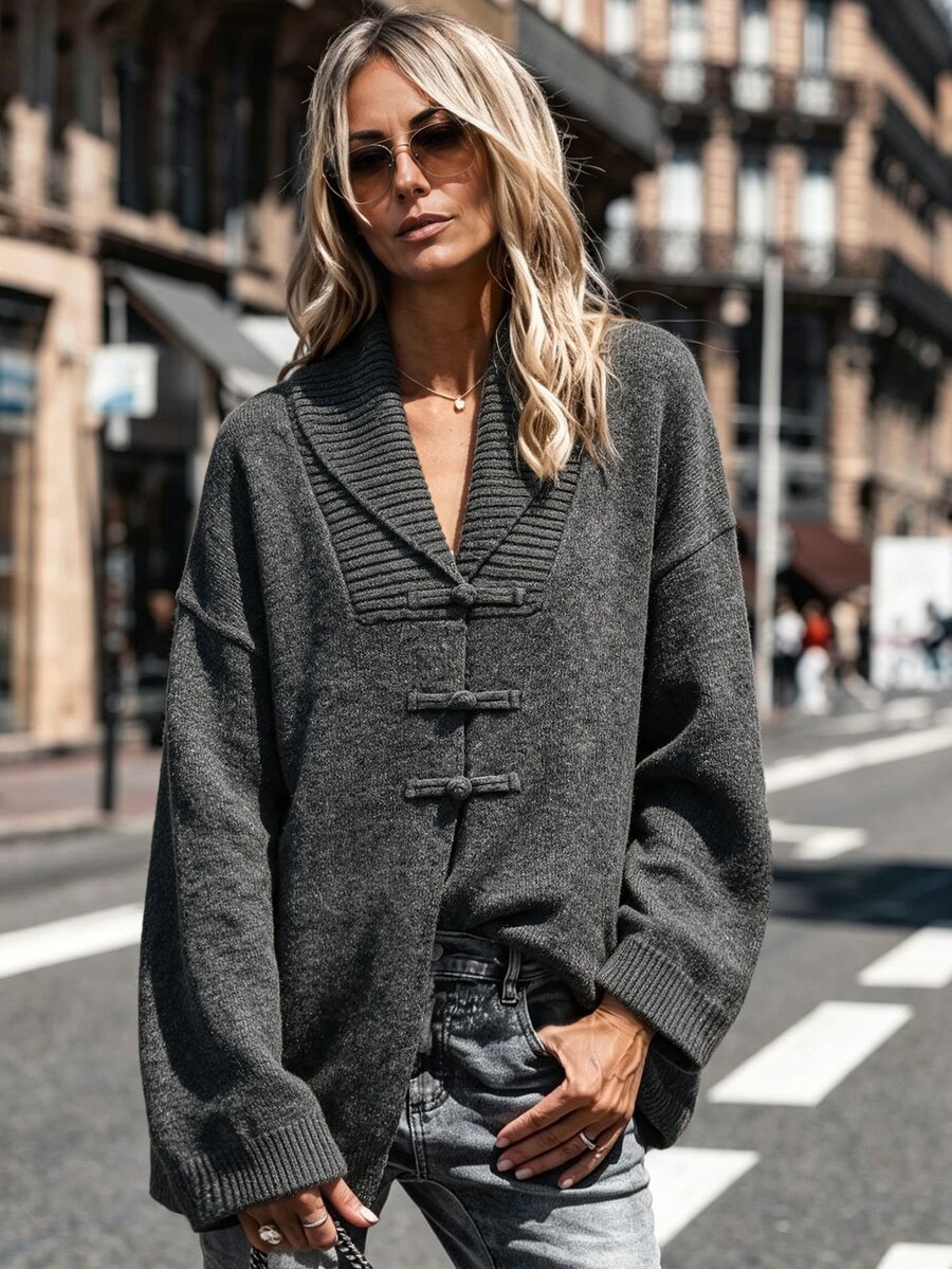 Elafinee Chinese Zen Style Oversized Lapel 3D Frog Button Lazy Drop Shoulder Ribbed Cuff Loose Casual Fashion Women's Cardigan - Grey - View 1