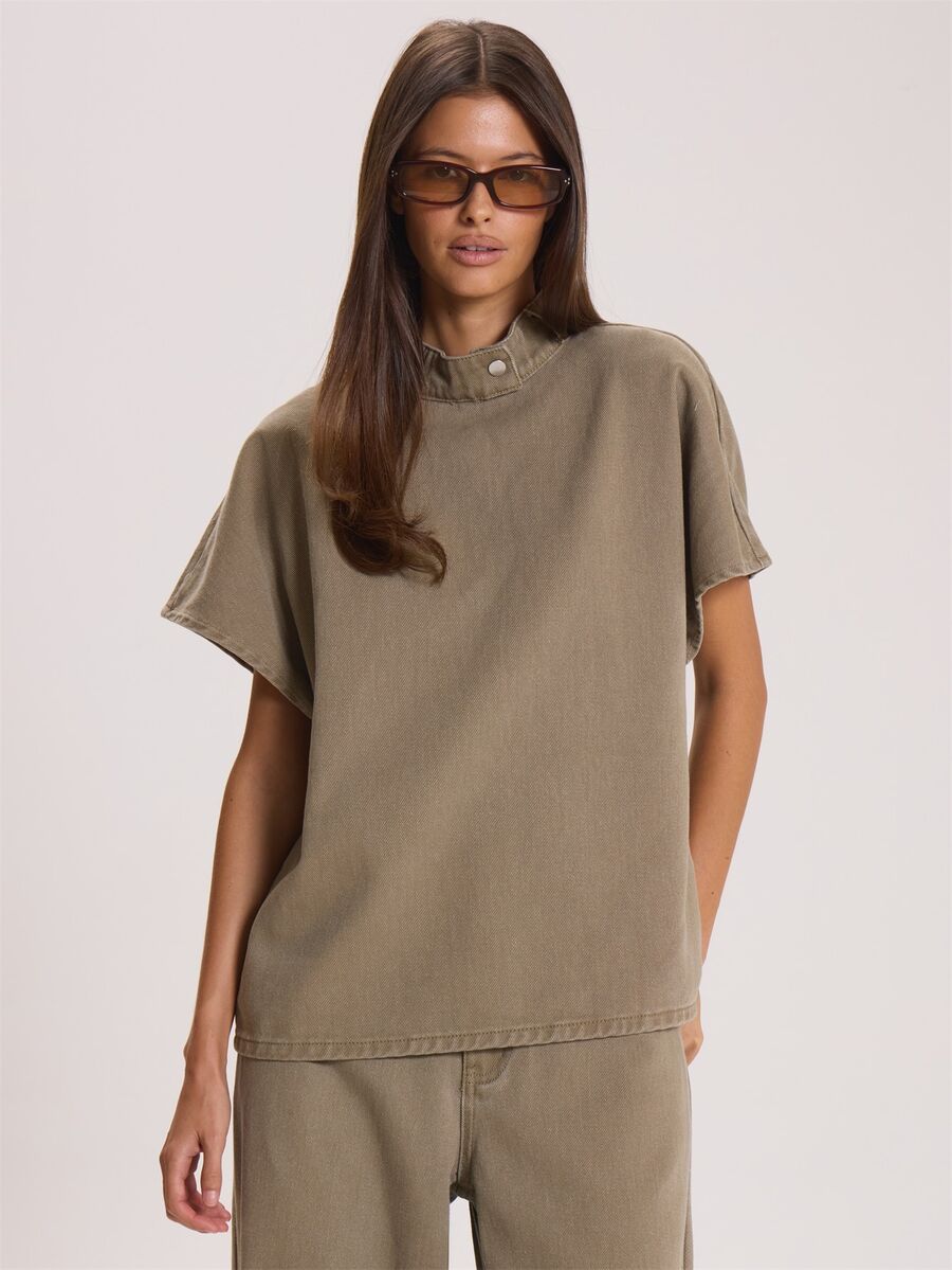 MUSERA High Neck Button Detail Loose Fit Short Sleeve Top Winter Fall Cute Everyday Coolgirl Mullburn Hill - Green - View 1