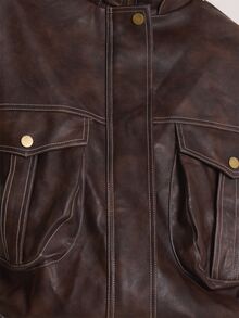 MUSERA Faux Leather Oversized Contrast Seam Detail Leather Jacket Autumn Winter Fall Cute Everyday Coolgirl Mullburn Hill - Coffee Brown - View 6