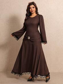 Elaquor Plus Size Women's Round Neck Puff Long Sleeve Contrast Lace Elegant Dress - Coffee Brown - View 3