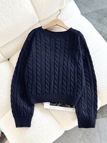 SHEIN Tween Girl Casual Solid Color Dropped Shoulder Loose Textured Knit Cropped Sweater, Autumn/Winter Kids - Blue - View 5