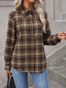Wandoria 女款春夏秋冬法式優雅奢華精緻極簡高端設計休閒波希米亞度假通勤老錢風舒適可追溯棉格紋磨毛布料襯衫領前開扣同料口袋長袖襯衫 - 棕色 - 查看 5