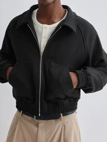 Merionis Men's Solid Color Raglan Long Sleeve Zip-Up Casual Jacket - Black - View 6