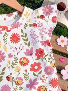 Young Girl 1 Pc Ditsy Floral Ladybug Print Ruffle Sleeve Top Summer Holiday Outfits - Pink - View 4