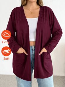 SHEIN Essnce 大尺碼女款時尚休閒寬鬆舒適基礎百搭長袖黑色開襟衫，春夏穿搭，極簡風，上班上衣 - 中紫紅色 - 查看 8