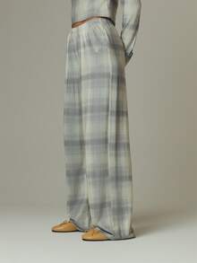 MUSERA Checkered Elasticated Waist Loose Fit Trouser Fall Autumn Winter Casual Outfits Oatmilk Society - Multicolor - View 2