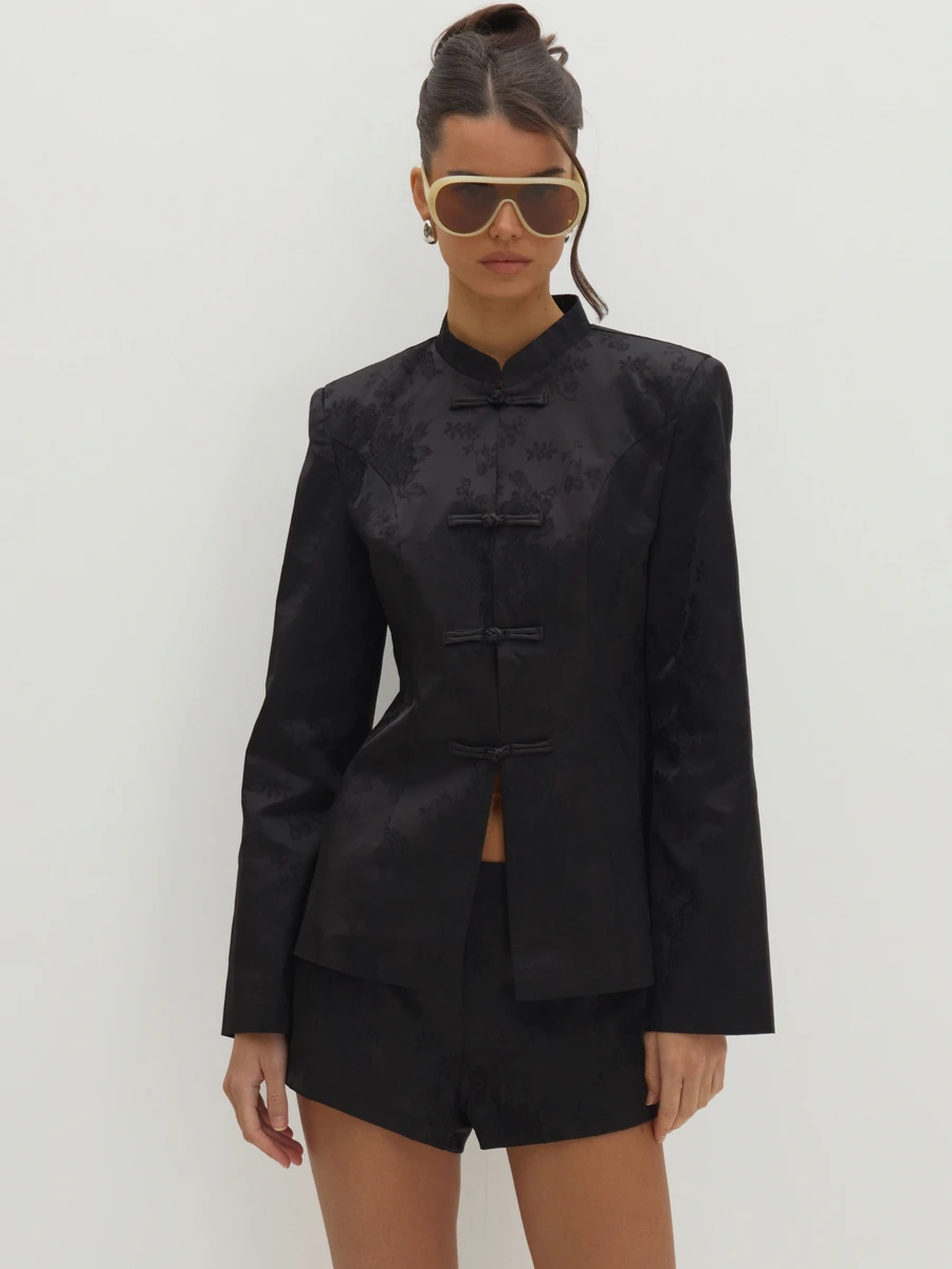 MUSEYN Black Satin Jacquard Knot Fasten Structured Blazer Versatile Evening Date Night Chic New Season Fall Party Elagant Halloween - Black - View 1