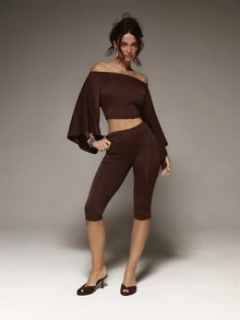 MUSERA Draped Off The Shoulder Top With Fitted Capris Two Pieces Coord Winter Fall Cute Autumn Sexy Night Out Party Going Out Low Lights - Coffee Brown - View 2
