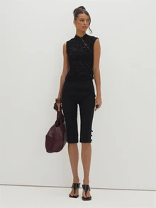 MUSEYN Black Sheer Lace Devore Knot Detail Fitted Top Versatile Evening Date Night Chic New Season Fall - Black - View 3