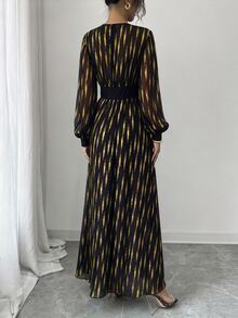 Elenzga Deep V Neck Long Sleeve Slit Sexy Elegant Dress Dinner Black N Gold Fall - Multicolor - View 2