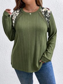 EMERY ROSE Plus Size Women's Patchwork Floral Print Crew Neck Long Sleeve Casual Sweatshirt - Army Green - View 6