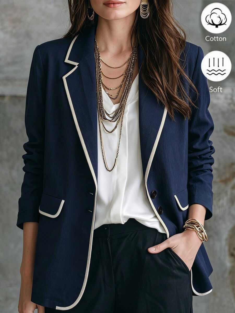 LUMIGAL Women's Navy Blue Contrast Color Patchwork Linen-Like Thin Blazer Jacket, Elegant Commuter Style For Spring And Autumn - Multicolor - View 1