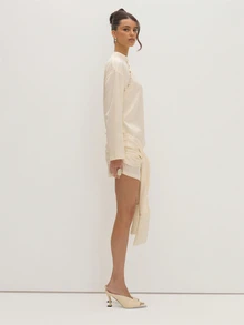 MUSEYN Cream Satin Jacquard Fringe Tie Mini Dress Versatile Evening Date Night Chic New Season Fall - Beige - View 4