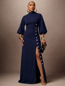 Lunelith SHEIN Lunessa Elegant Banquet Date Holiday Ribbon Design Split Hem Button Decor Women's Long Dress Spring Summer Autumn Black - Brown - View 5