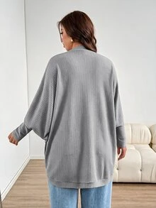Shapeblank 大尺碼女款春夏/秋冬時尚休閒寬鬆舒適日常百搭顯瘦華夫格針織黑色長袖開襟外套，秋季穿搭，外穿上衣，秋季外套，極簡風 - 灰色 - 查看 2