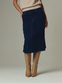 MUSERA Blue Wash Denim Low Rise Midi Skirt Fall Autumn Winter Casual Style Outfits - Blue - View 2
