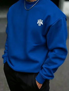HypeHours 男士經典休閒馬標誌圓領運動衫，適合日常穿著與聚會 - 藍色 - 查看 1