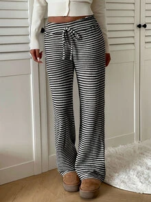 SHEIN EZwear 女款抽繩腰條紋休閒百搭日常穿著長褲 - 黑與白 - 查看 5